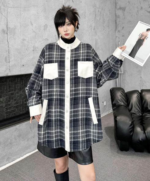 Contrast Panel Check Shirt Jacket